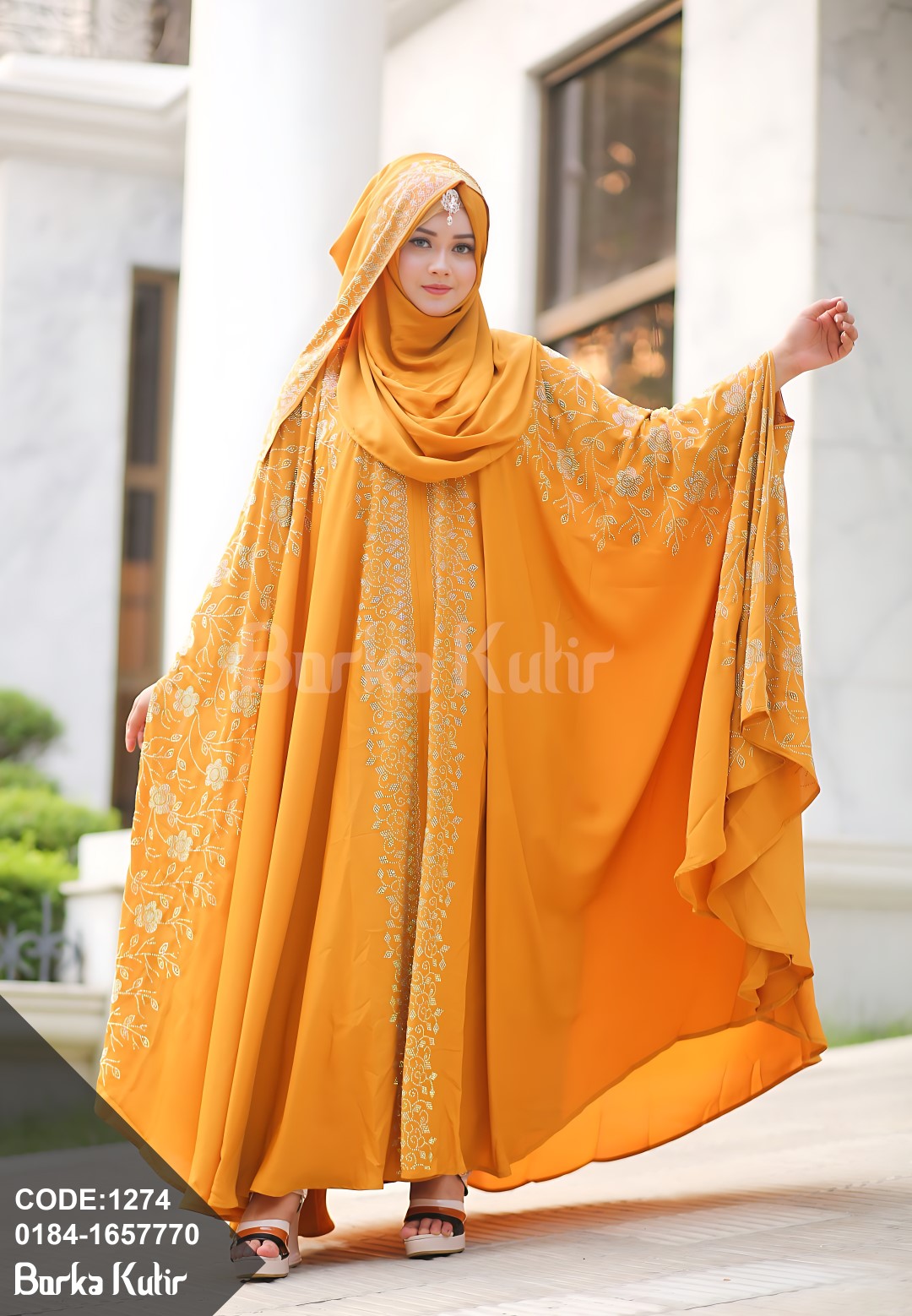 Rose Design Stone work abaya black Mustard Yellow