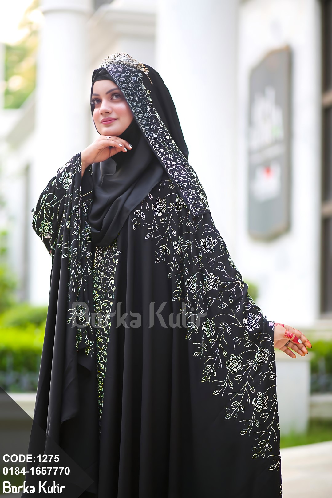 Rose Design Stone work abaya black
