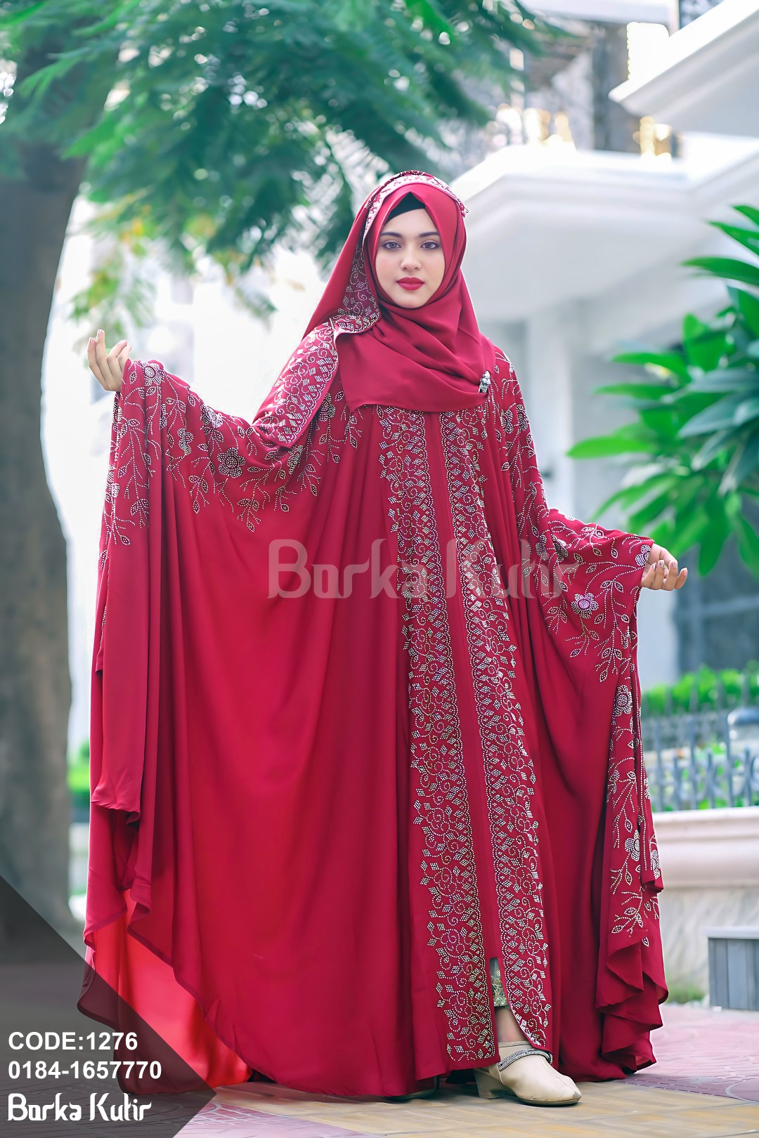 Rose Design Stone work abaya Maroon red