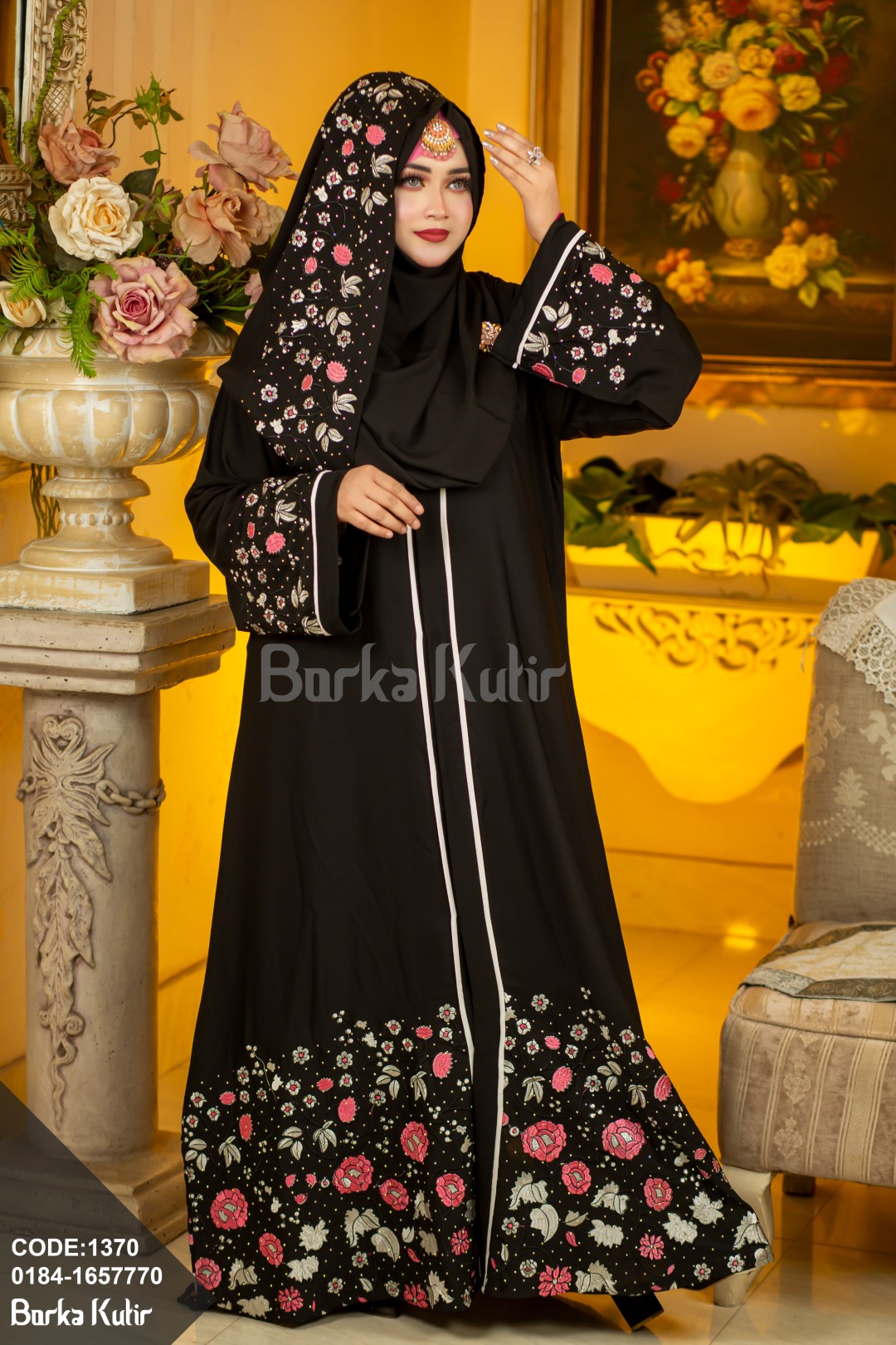 Floral design Embroidey and Stone work borka Black
