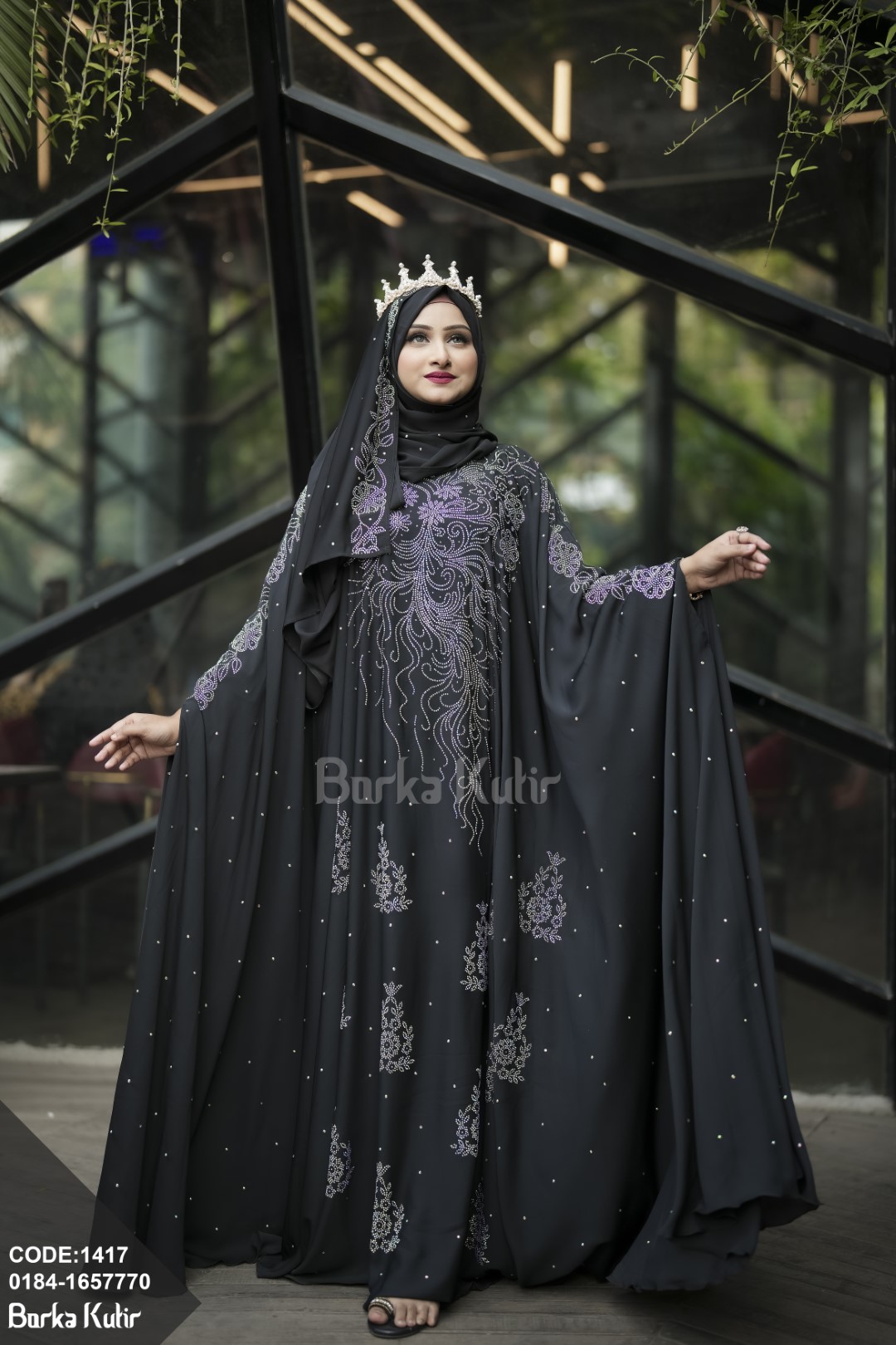 Elegent Stone Work Abaya Black