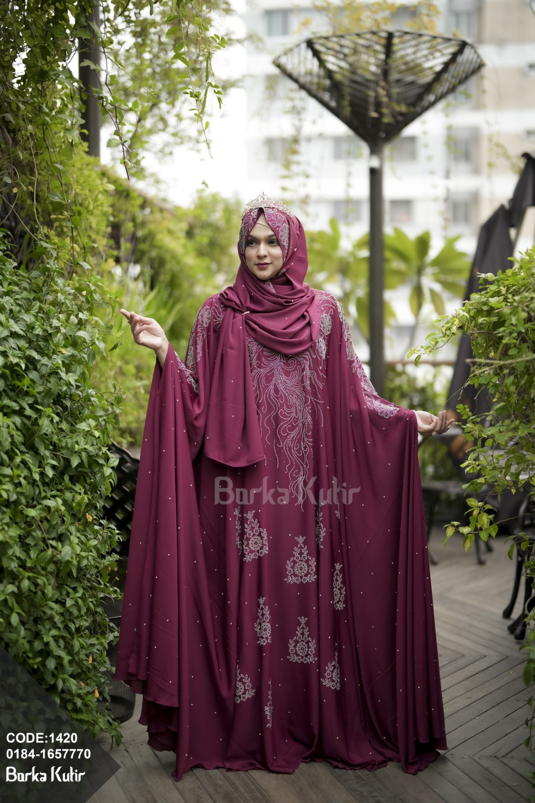 Elegent Stone Work Abaya deep maroon
