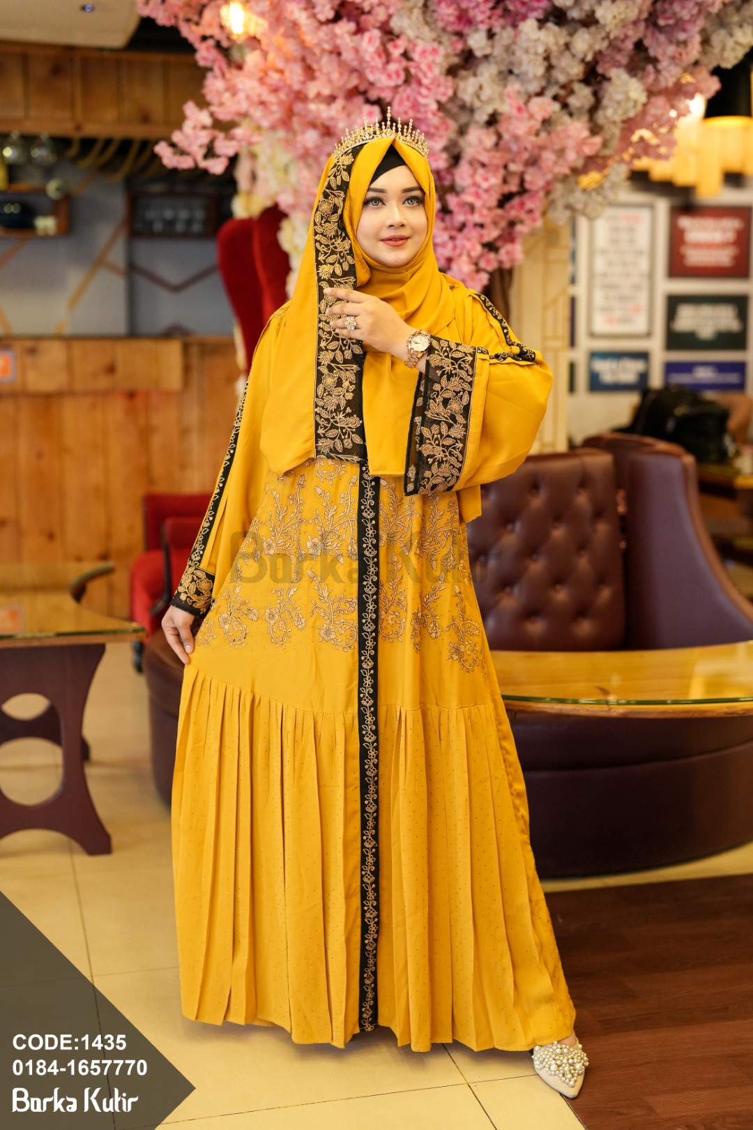 Embroidey and Stone work borka mustard Yellow